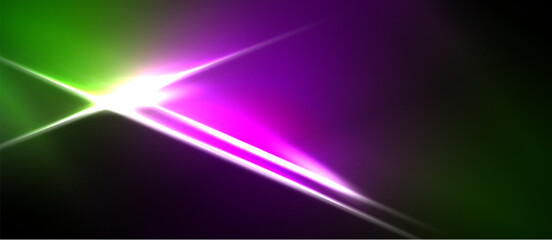 Fototapeta premium Abstract vibrant light streaks. Green, purple hues dominate dark background. Bright focal point creates dynamic visual effect.