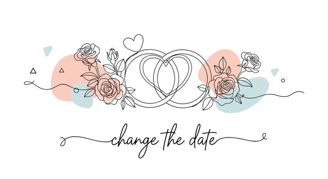 Elegant wedding announcement for a date change featuring two interlocking rings decorated with roses and hearts.