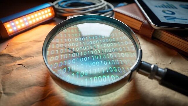 Close-up magnifying glass on binary code, cyber security concept, data analysis, digital investigation