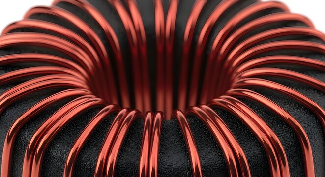 Close-up of toroidal inductor with shiny copper windings on black textured core