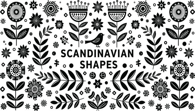 Scandinavian shapes set, folk art floral pattern, nordic bird and flowers, cad drawing flat vector illustration, ethnic ornament nature element.