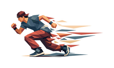 Fototapeta premium Low-poly vector illustration of a parkour athlete landing and accelerating away after the wall vault, confident angular posture