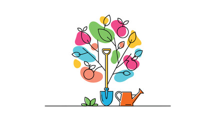 Colorful stylized fruit tree with a garden shovel and a watering can on a white background representing spring planting and backyard gardening hobby. © Sheikh