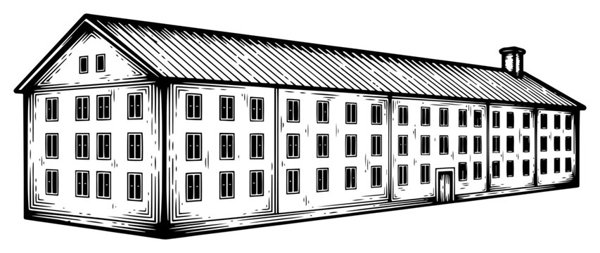 Architectural drawing of long multi story building barracks or warehouse in vintage style