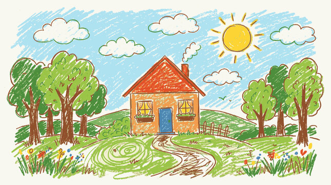 Childs Drawing of a Sunny Day with a House and Trees