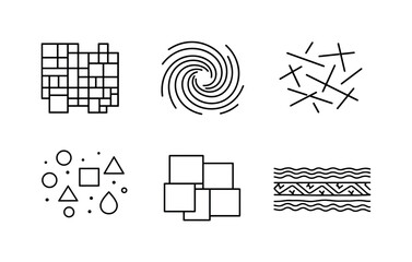 Algorithmic Fabric Motifs. Line style icons of algorithmic fabric motifs: pseudo-random grid patch, variance-driven swirl, shuffle
