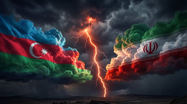 Apocalyptic clash of Azerbaijani and Iranian flags with thunder in brooding clouds.