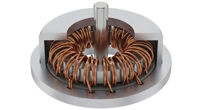 Cutaway view of toroidal inductor showing copper wire coil and metallic center shaft
