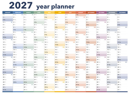 Calendar planner for 2027. Colorful wall calendar in English on a gradient background. Vector