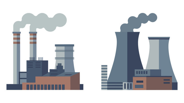 Industrial complex with smokestacks emitting pollution into the atmosphere illustrating factory emissions, environmental pollution