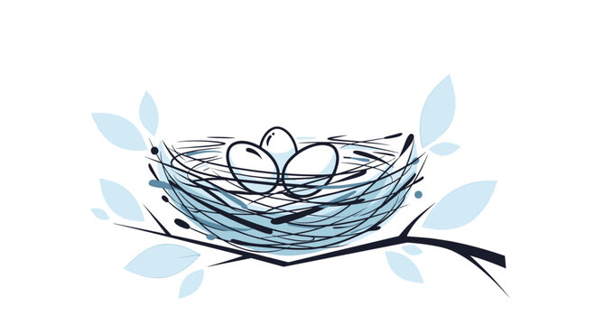 Simple nest on a branch with three bird eggs and blue leaves depicted in a clean and modern artistic line drawing style for home decor.