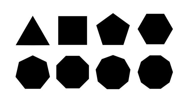 Regular polygon collection featuring pentagon, quadrilateral, and various geometric figures. Black and white isolated elements for logos, infographics, and abstract templates.