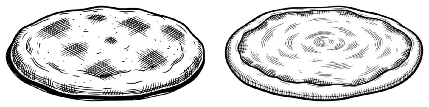 Hand drawn vintage sketch of two empty pizza dough bases on white background