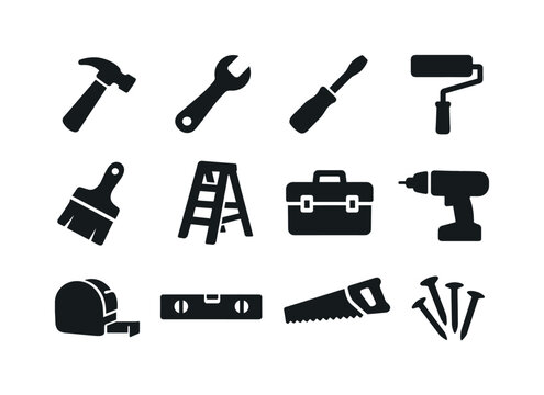 Solid vector icons of home improvement: hammer, wrench, screwdriver, paintroller, paintbrush, ladder, toolbox, drill,