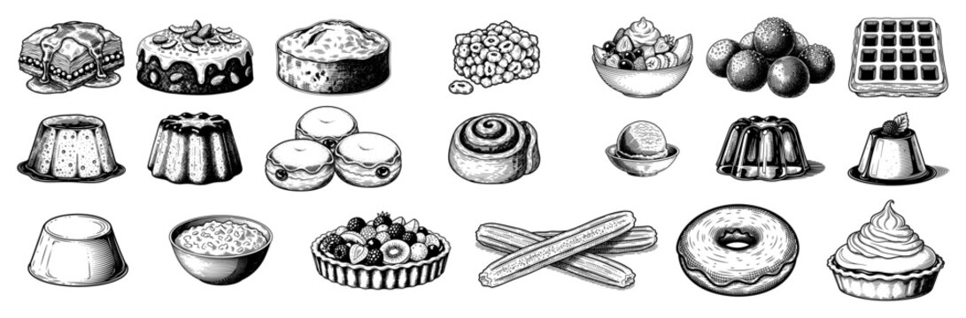 Large set of hand drawn sweet desserts including cakes donuts and puddings