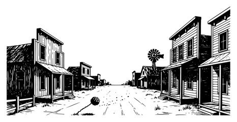 Hand drawn sketch of a wild west town street with wooden buildings and windmill © Cristiano
