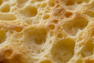 Close-up view of textured bread crust showcasing air holes and alveoli structure captured in a kitchen setting