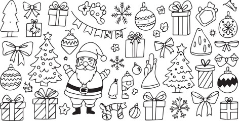 Obraz premium A festive holiday coloring page featuring santa claus and various christmas decorations and gifts