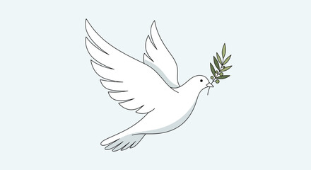 Obraz premium Pure white dove flying gracefully, carrying a fresh green olive branch in its beak, symbolizing peace and hope on an isolated light blue background, radiating tranquility.