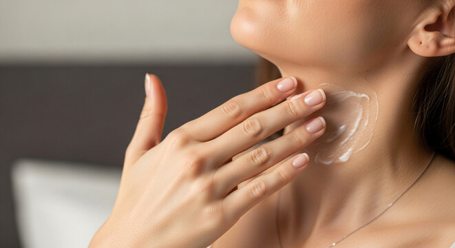 Woman applying moisturizing lotion to neck and chest