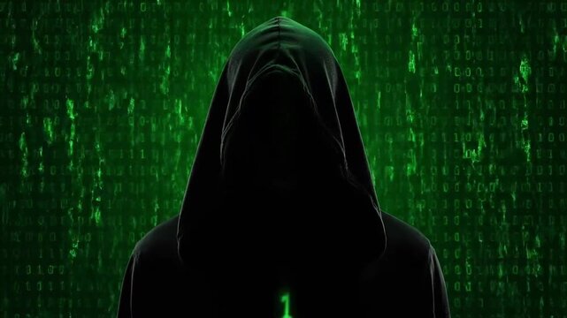 Mysterious hacker figure in hoodie silhouetted against green binary code background. Sinister hacker presence evokes feelings of secrecy and intrigue in the world of cyber technology.