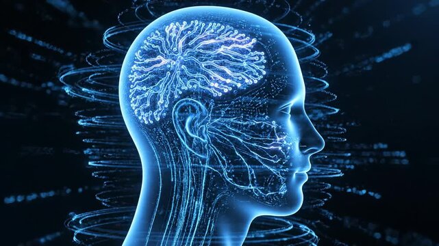 Digital human profile with glowing neural network and data streams representing futuristic concepts of intelligence and connectivity.