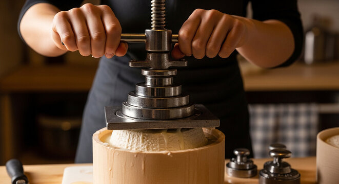 Artisan cheese maker using manual press in kitchen