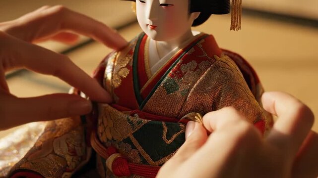 Delicate kimono adjustments on Hina doll with careful hands. Artful details highlight tradition in Hina doll dressing process. Concept delicate craftsmanship and cultural celebration of Hina Matsuri.