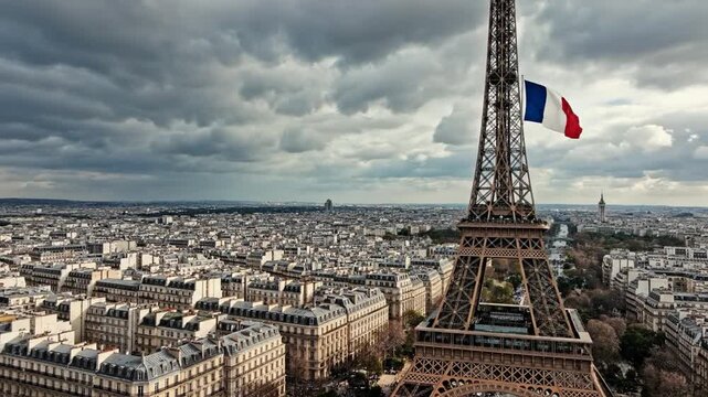 Eiffel Tower and Paris city skyline under cloudy sky