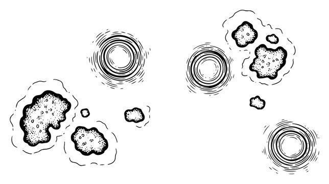 Concentric water ripples and organic liquid droplets in a hand drawn ink style