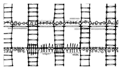 Set of vertical wooden ladders and tracks with vintage sketch texture © Cristiano