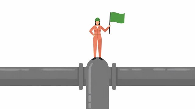 Industrial worker holding green flag on oil or gas pipeline symbolizing safety inspection success and sustainable energy production concept