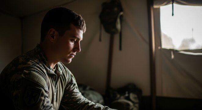 Soldier in Tent Reflects Quietly