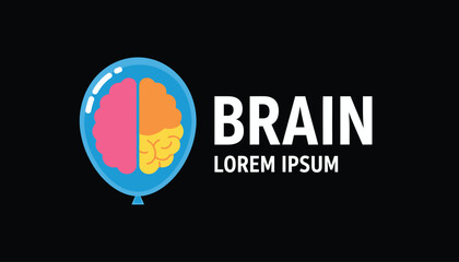 Fototapeta premium Colorful creative brain logo inside a blue balloon on black background for psychology and mental health concepts featuring AI circuit silhouette style elements AI Generative 