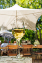 Naklejka premium Glass of white wine on sunny terrace