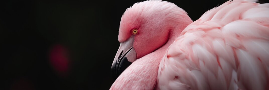 Vibrant close up of a pink flamingo Phoenicopterus bird portrait featuring its exotic beak and eye among colorful feathers in a beautiful tropical wildlife nature scene