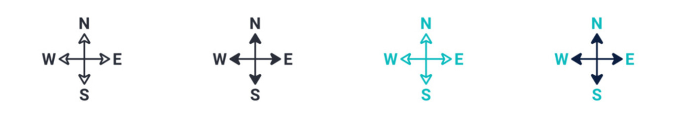 Compass directions icon set, north south east west navigation symbol, outline and solid silhouette style. Vector illustration. © Masuda Akthar