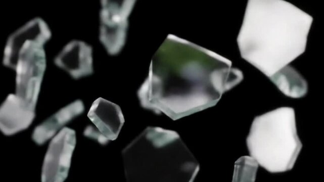 Flying glass shards in slow motion against black background create dynamic visual impact. Shattering glass fragments gently float, showcasing their sharp edges and reflections.
