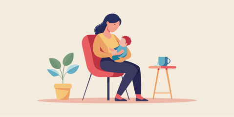 Fototapeta premium Mother breastfeeding baby while sitting on chair representing public breastfeeding motherhood care and parenting support flat vector illustration