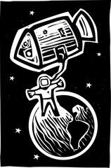 Fototapeta premium Woodcut style image of a an astronaut and space capsule in orbit around the earth