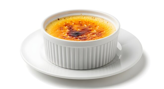 A small white ramekin of creme brulee on a plate