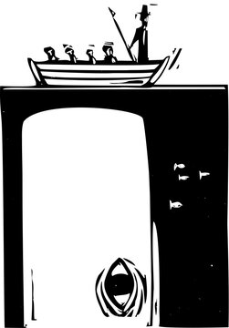 Woodcut style image of a white whale watching a whaling boat from below the surface of the ocean.