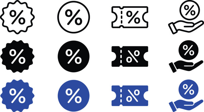 Collection of discount and percentage icons in various colors and styles