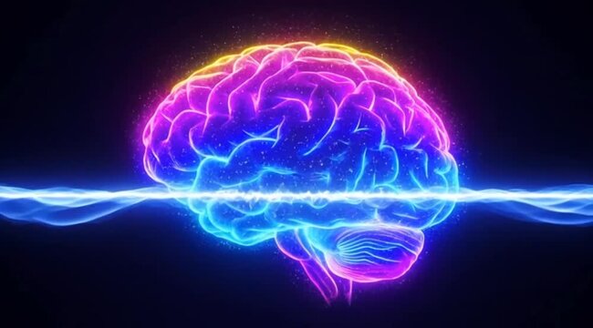 Glowing human brain with neon pink and purple light activity over a horizontal blue electrical frequency wave representing artificial intelligence and neuroscience technology
