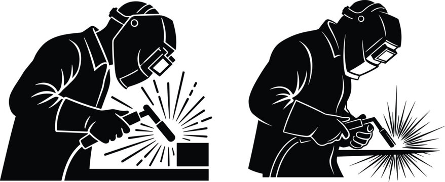 Industrial welder worker silhouette set welding metal with protective mask sparks manufacturing industry vector illustration isolated on white background