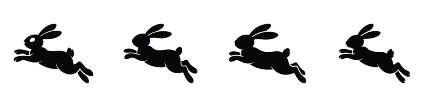 Easter Bunny Running Silhouette Vector &ndash; Cute Jumping Rabbit Illustration Sequence, Black Animal Outline Design for Easter Decorations, Greeting Cards, and Spring Holiday Art