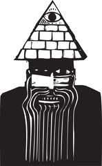 Fototapeta premium Woodcut style image of a paranoid conspiracy theorist with a pyrmamid hat