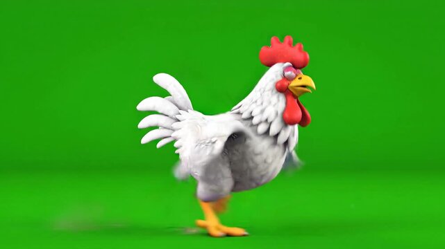 White Rooster, Cartoon Chicken, Green Screen Background, Animal Illustration