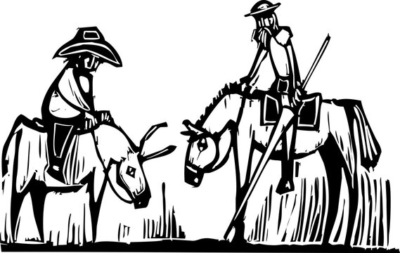 Woodcut style image of Don Quixote and his servant