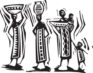 Woodcut style image of women in african patterns